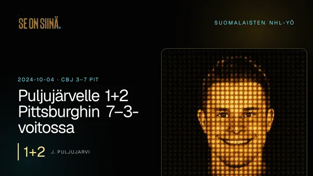 Puljujärvelle 1+2 Pittsburghin 7–3-voitossa. J. Puljujarvi. CBJ 3–7 PIT
