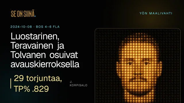 Luostarinen, Teravainen ja Tolvanen osuivat avauskierroksella. J. Korpisalo. BOS 4–6 FLA