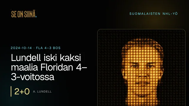 Lundell iski kaksi maalia Floridan 4–3-voitossa. A. Lundell. FLA 4–3 BOS