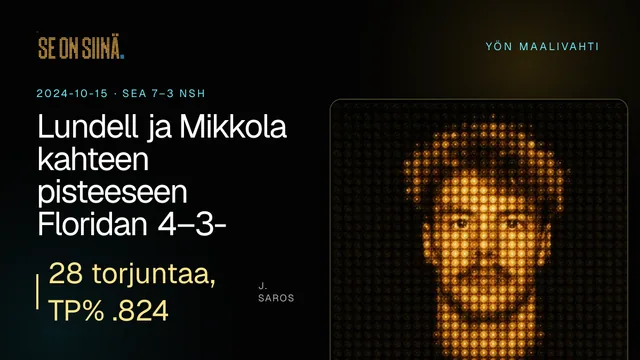 Lundell ja Mikkola kahteen pisteeseen Floridan 4–3-voitossa. J. Saros. SEA 7–3 NSH