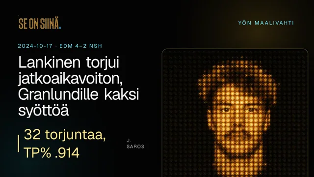 Lankinen torjui jatkoaikavoiton, Granlundille kaksi syöttöä. J. Saros. EDM 4–2 NSH