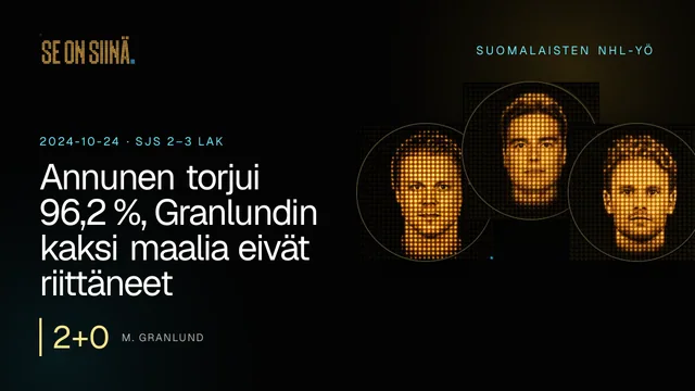 Annunen torjui 96,2 %, Granlundin kaksi maalia eivät riittäneet. M. Granlund, J. Annunen, M. Rantanen. SJS 2–3 LAK