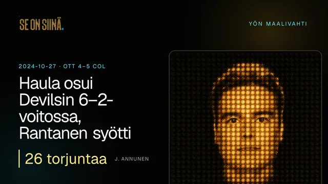 Haula osui Devilsin 6–2-voitossa, Rantanen syötti Coloradolle. J. Annunen. OTT 4–5 COL