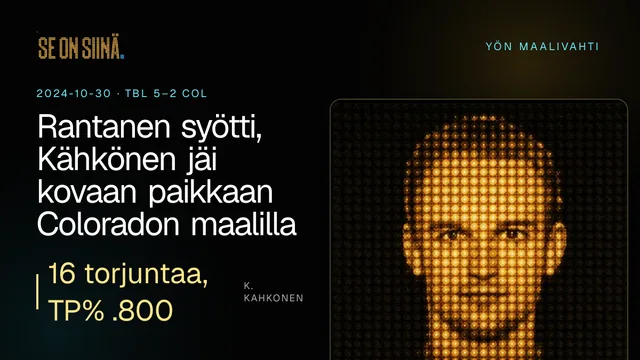 Rantanen syötti, Kähkönen jäi kovaan paikkaan Coloradon maalilla. K. Kahkonen. TBL 5–2 COL