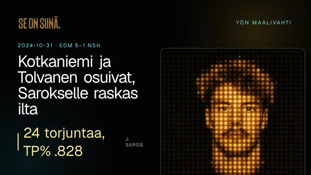 Kotkaniemi ja Tolvanen osuivat, Sarokselle raskas ilta. J. Saros. EDM 5–1 NSH