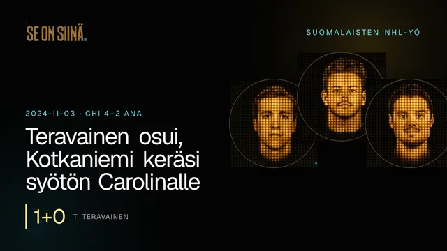 Teravainen osui, Kotkaniemi keräsi syötön Carolinalle. T. Teravainen, J. Kotkaniemi, S. Aho. CHI 4–2 ANA