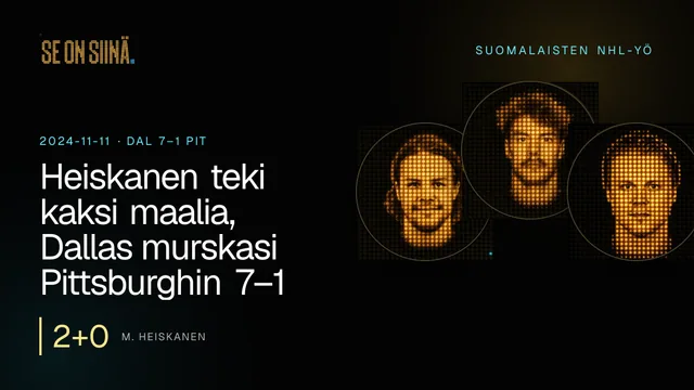 Heiskanen teki kaksi maalia, Dallas murskasi Pittsburghin 7–1. M. Heiskanen, J. Saros, M. Granlund. DAL 7–1 PIT