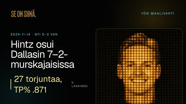 Hintz osui Dallasin 7–2-murskajaisissa. K. Lankinen. NYI 5–2 VAN