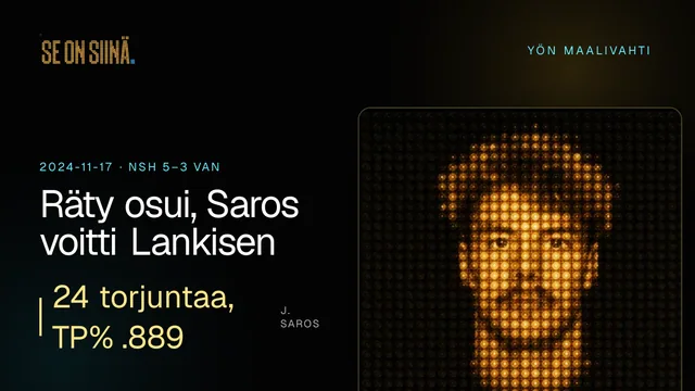 Räty osui, Saros voitti Lankisen. J. Saros. NSH 5–3 VAN