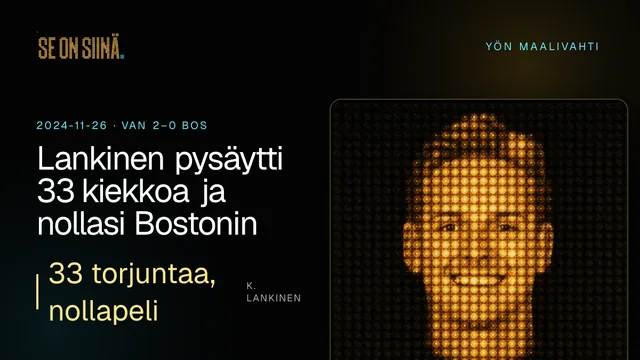 Lankinen pysäytti 33 kiekkoa ja nollasi Bostonin. K. Lankinen. VAN 2–0 BOS