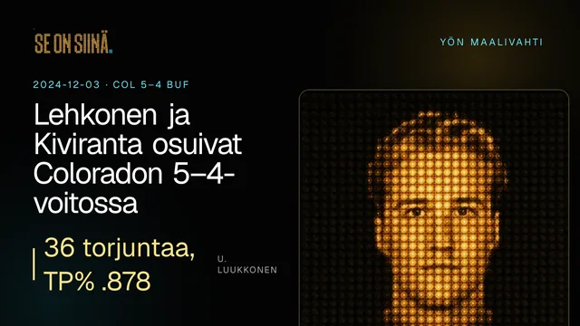 Lehkonen ja Kiviranta osuivat Coloradon 5–4-voitossa. U. Luukkonen. COL 5–4 BUF