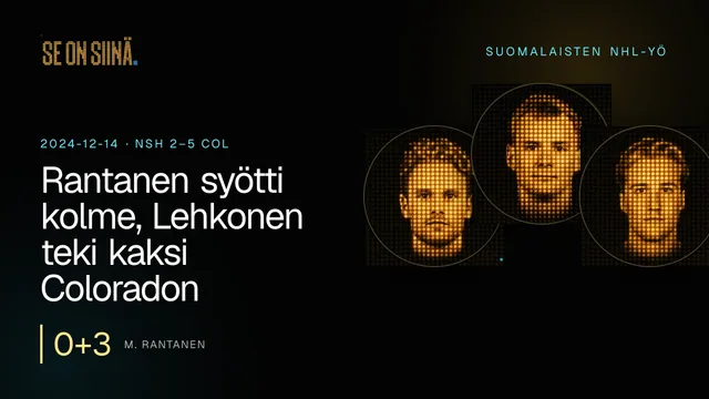 Rantanen syötti kolme, Lehkonen teki kaksi Coloradon voitossa. M. Rantanen, A. Lehkonen, U. Luukkonen. NSH 2–5 COL