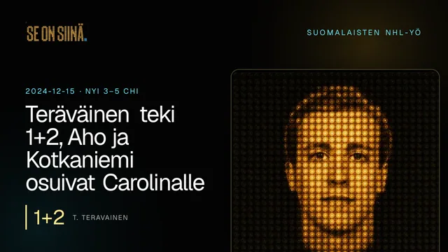Teräväinen teki 1+2, Aho ja Kotkaniemi osuivat Carolinalle. T. Teravainen. NYI 3–5 CHI