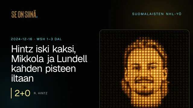 Hintz iski kaksi, Mikkola ja Lundell kahden pisteen iltaan. R. Hintz. WSH 1–3 DAL