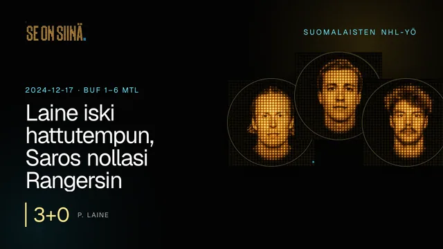 Laine iski hattutempun, Saros nollasi Rangersin. P. Laine, T. Teravainen, J. Saros. BUF 1–6 MTL