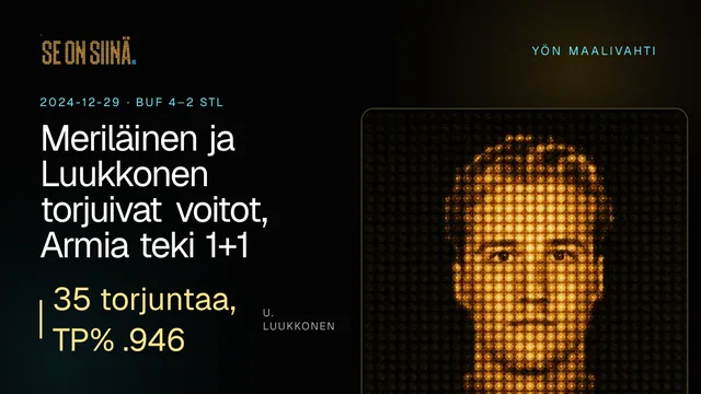 Meriläinen ja Luukkonen torjuivat voitot, Armia teki 1+1. U. Luukkonen. BUF 4–2 STL