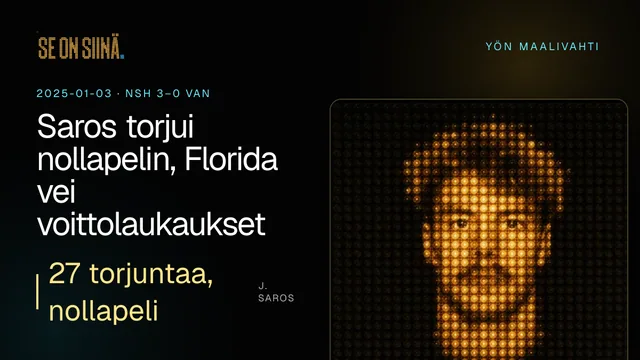 Saros torjui nollapelin, Florida vei voittolaukaukset. J. Saros. NSH 3–0 VAN