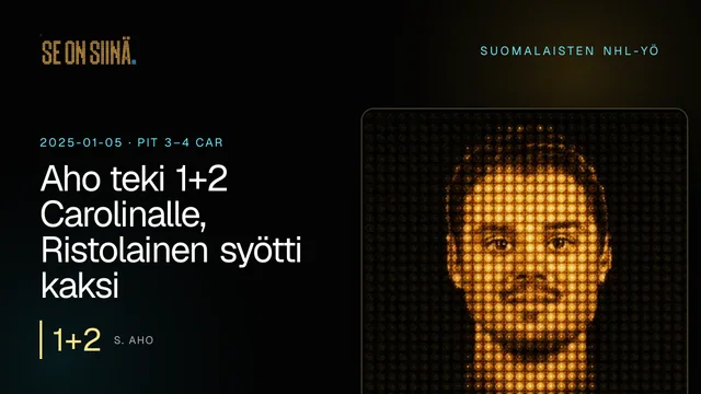 Aho teki 1+2 Carolinalle, Ristolainen syötti kaksi. S. Aho. PIT 3–4 CAR