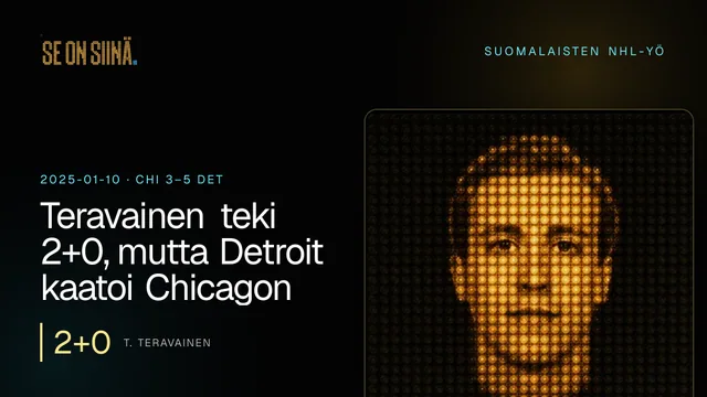 Teravainen teki 2+0, mutta Detroit kaatoi Chicagon. T. Teravainen. CHI 3–5 DET