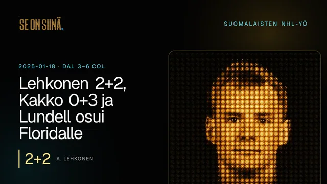 Lehkonen 2+2, Kakko 0+3 ja Lundell osui Floridalle. A. Lehkonen. DAL 3–6 COL