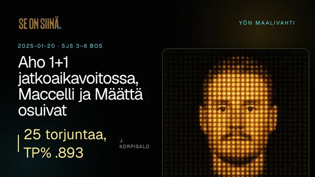 Aho 1+1 jatkoaikavoitossa, Maccelli ja Määttä osuivat. J. Korpisalo. SJS 3–6 BOS