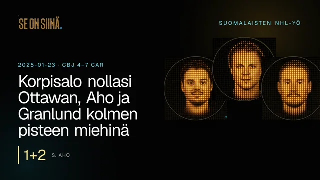 Korpisalo nollasi Ottawan, Aho ja Granlund kolmen pisteen miehinä. S. Aho, M. Granlund, J. Korpisalo. CBJ 4–7 CAR