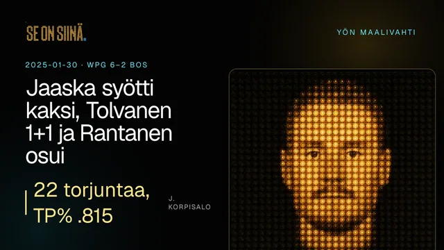 Jaaska syötti kaksi, Tolvanen 1+1 ja Rantanen osui. J. Korpisalo. WPG 6–2 BOS