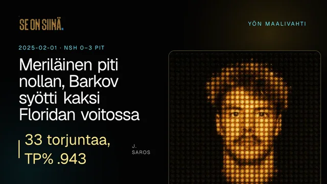 Meriläinen piti nollan, Barkov syötti kaksi Floridan voitossa. J. Saros. NSH 0–3 PIT