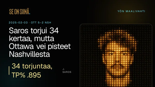 Saros torjui 34 kertaa, mutta Ottawa vei pisteet Nashvillesta. J. Saros. OTT 5–2 NSH