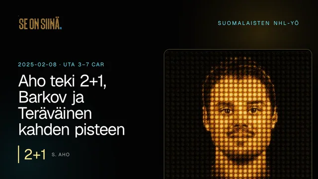 Aho teki 2+1, Barkov ja Teräväinen kahden pisteen suomalaiset. S. Aho. UTA 3–7 CAR