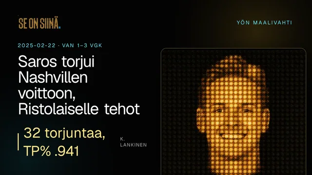 Saros torjui Nashvillen voittoon, Ristolaiselle tehot 1+1. K. Lankinen. VAN 1–3 VGK