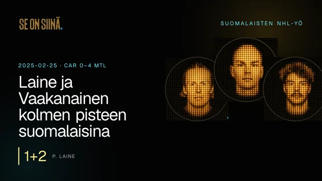 Laine ja Vaakanainen kolmen pisteen suomalaisina. P. Laine, U. Vaakanainen, J. Saros. CAR 0–4 MTL