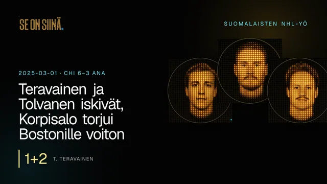 Teravainen ja Tolvanen iskivät, Korpisalo torjui Bostonille voiton. T. Teravainen, J. Korpisalo, E. Tolvanen. CHI 6–3 ANA
