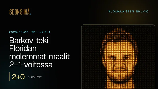 Barkov teki Floridan molemmat maalit 2–1-voitossa. A. Barkov. TBL 1–2 FLA