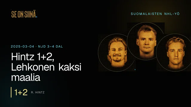 Hintz 1+2, Lehkonen kaksi maalia. R. Hintz, A. Lehkonen, U. Luukkonen. NJD 3–4 DAL