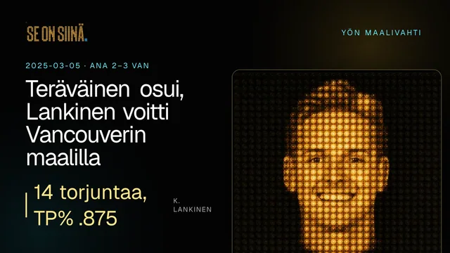Teräväinen osui, Lankinen voitti Vancouverin maalilla. K. Lankinen. ANA 2–3 VAN