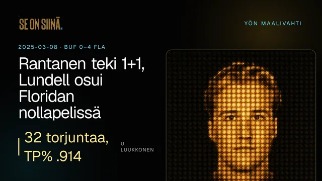 Rantanen teki 1+1, Lundell osui Floridan nollapelissä. U. Luukkonen. BUF 0–4 FLA