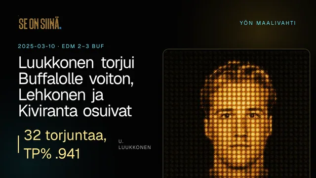 Luukkonen torjui Buffalolle voiton, Lehkonen ja Kiviranta osuivat. U. Luukkonen. EDM 2–3 BUF