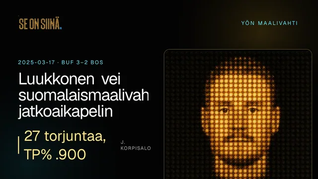 Luukkonen vei suomalaismaalivahtien jatkoaikapelin. J. Korpisalo. BUF 3–2 BOS