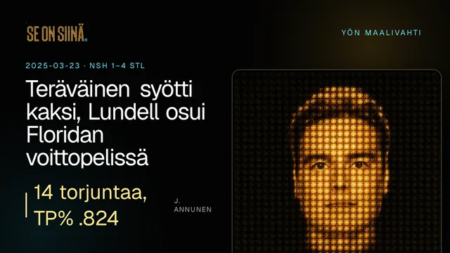 Teräväinen syötti kaksi, Lundell osui Floridan voittopelissä. J. Annunen. NSH 1–4 STL