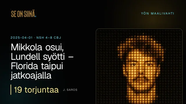 Mikkola osui, Lundell syötti – Florida taipui jatkoajalla. J. Saros. NSH 4–8 CBJ