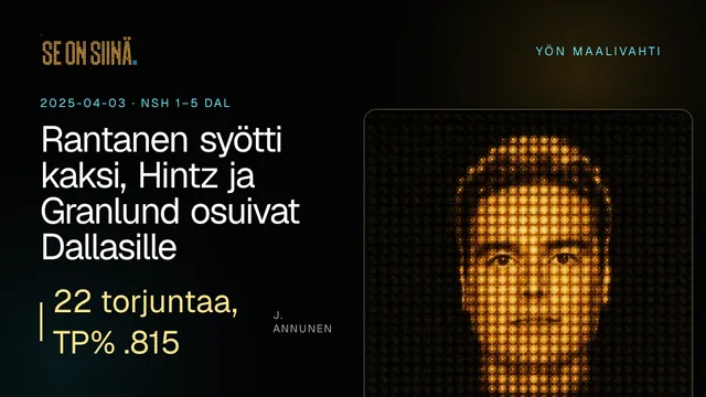 Rantanen syötti kaksi, Hintz ja Granlund osuivat Dallasille. J. Annunen. NSH 1–5 DAL