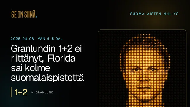 Granlundin 1+2 ei riittänyt, Florida sai kolme suomalaispistettä. M. Granlund. VAN 6–5 DAL