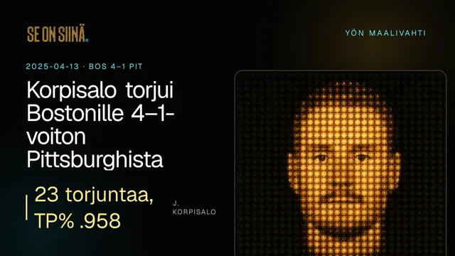 Korpisalo torjui Bostonille 4–1-voiton Pittsburghista. J. Korpisalo. BOS 4–1 PIT