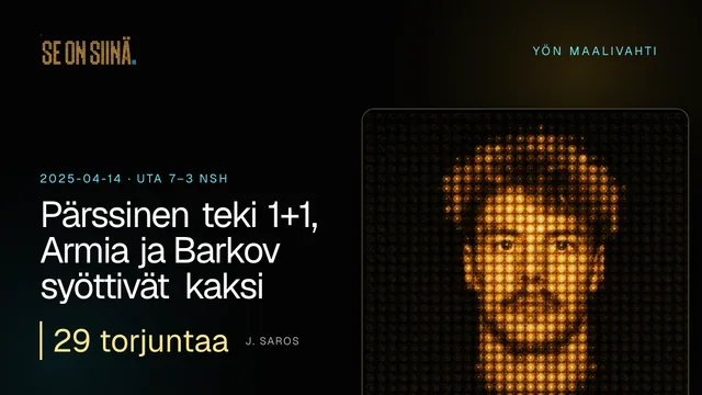 Pärssinen teki 1+1, Armia ja Barkov syöttivät kaksi. J. Saros. UTA 7–3 NSH