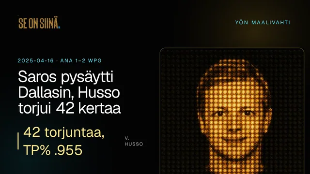 Saros pysäytti Dallasin, Husso torjui 42 kertaa. V. Husso. ANA 1–2 WPG