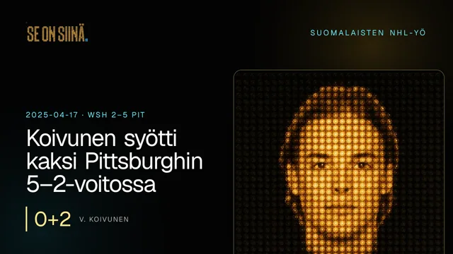 Koivunen syötti kaksi Pittsburghin 5–2-voitossa. V. Koivunen. WSH 2–5 PIT