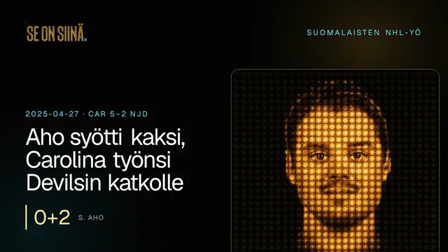 Aho syötti kaksi, Carolina työnsi Devilsin katkolle. S. Aho. CAR 5–2 NJD