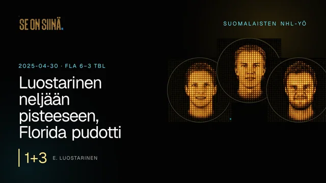 Luostarinen neljään pisteeseen, Florida pudotti Tampan. E. Luostarinen, A. Lundell, A. Barkov. FLA 6–3 TBL