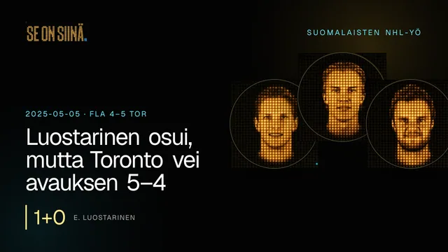 Luostarinen osui, mutta Toronto vei avauksen 5–4. E. Luostarinen, A. Lundell, A. Barkov. FLA 4–5 TOR